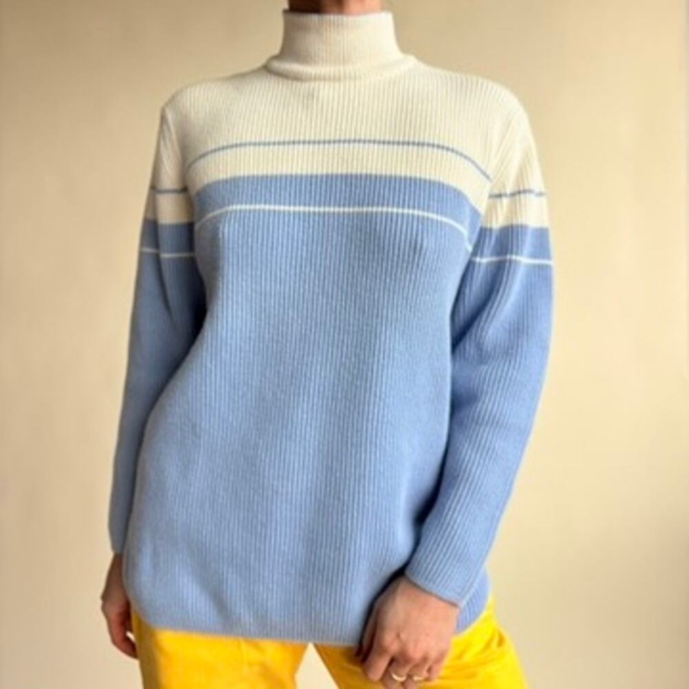 Jeanne Pierre Striped Mock Neck Sweater - Blue & White, 100% Cotton,  Size Small